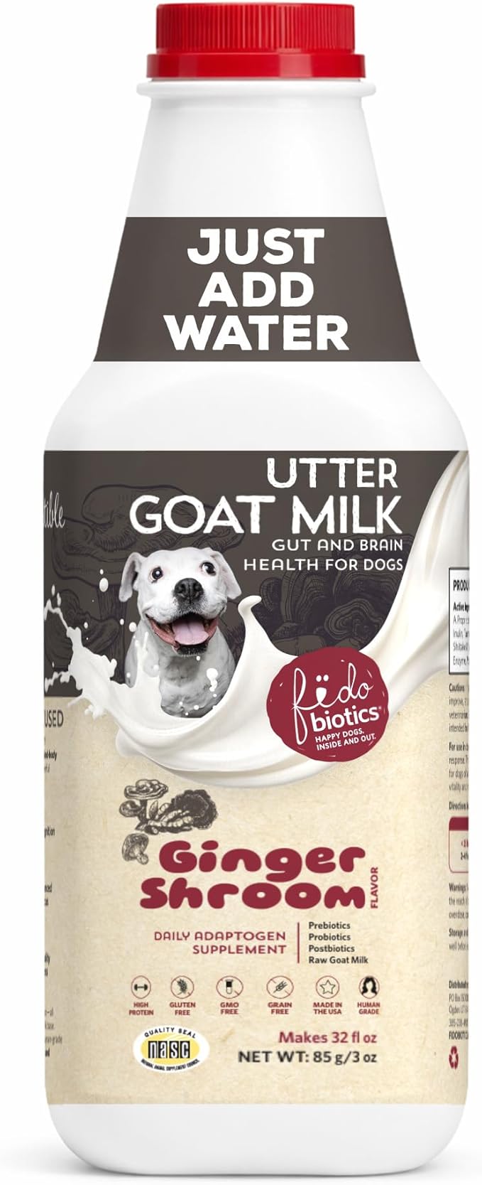 Fidobiotics Goat Milk Powder for Dogs, Mix and Serve Gut and Brain Health Support with Prebiotics, Probiotics, & Postbiotics, Ginger Shroom Flavor, 32oz