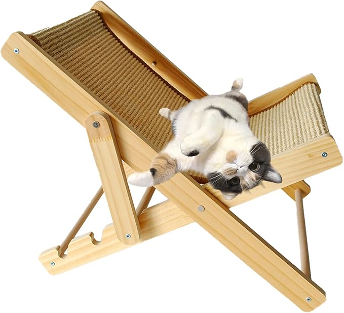 Sisal Cat Chair for Sunbathing,Adjustable Wooden Cat Lounge Chair with Sisal Mat Scratcher 3 Height Beach Kitty Hammock Bed Indoor Outdoor Lounging Scratching Furniture for Kitten Puppy Bunny