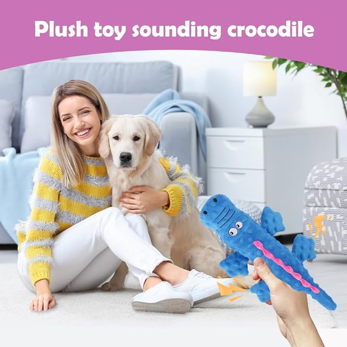 Indestructible Plush Dog Toy for Aggressive Chewers, Boredom Relief Squeaker Chew Toy with Double Fabric, Durable Crocodile Teething Toy for Large Medium Small Dogs (Blue)