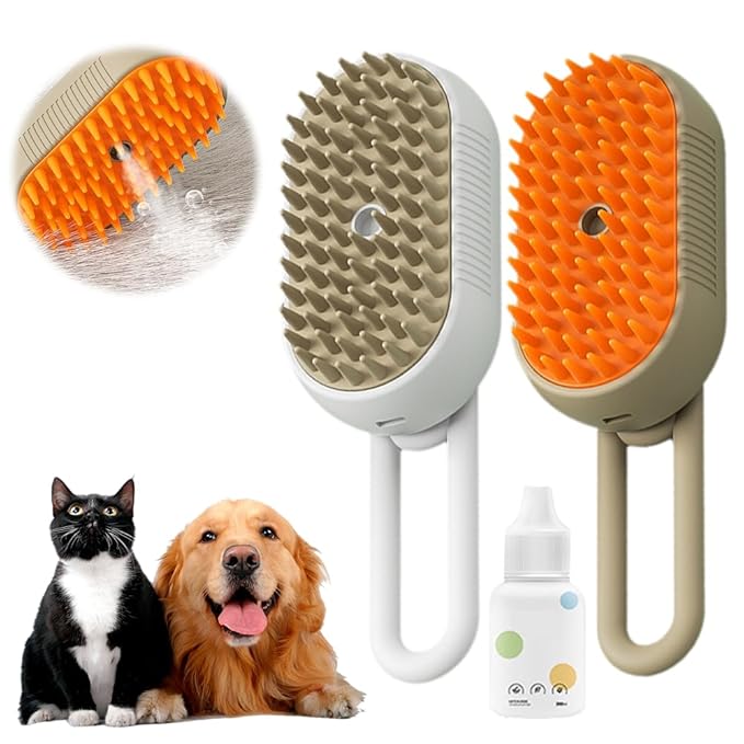 Cat Steam Brush, Ultimate Pet Steam Groomer Comb, Pet Hair Steamy Brushes for Massaging and Cleaning Shedding Pets, Multifunctional Hair Removal Comb for Cat and Dog (Khaki & White+Pet Care Serum)