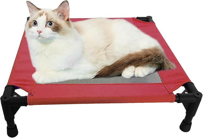 Pozico Elevated Pet Bed with Breathable Mesh for Small Cat and Dog, Raised Cooling Pet Cot for Puppy and Kitty, 18.9x18.9 inch (Red Bed)