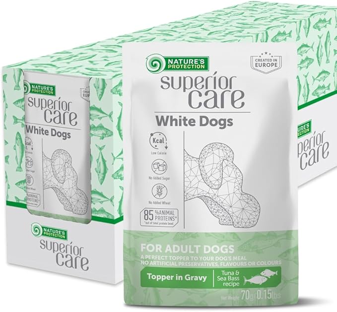 Nature's Protection Wet Dog Food - Soft Topper for Dry Food for Small & Large Breed Dogs with Light Fur, 24-Pack (Superior Care - Tuna & Sea Bass, 2.46-oz Pouches)