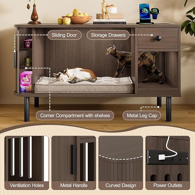 Cat Litter Box Enclosure Furniture with Sliding Door & Charging Station, Hidden Cat Litter Box Cabinet with Drawer & Shelves, Modern Indoor Cat House Side Table for Living Room Bedroom, Brown