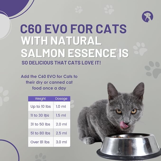 ESS60 Olive Oil for Cats - Organic Extra Virgin Olive Oil, Pure C60 ESS60 (.8 mg/mL) & Natural Salmon Essence to Support Your Cats’ Flexibility, Energy, Immunity, Longevity - 3 oz