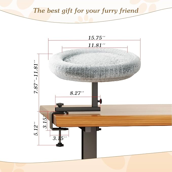 VERIFOST Cat Bed for Desk with Adjustable Height & 360 Rotation Elevated, Heavy-Duty Cat Desk Bed for Small Space, Soft & Comfortable Modern Unique Kitten Furniture, Indoor Cats Up to 60 lbs (Gray)