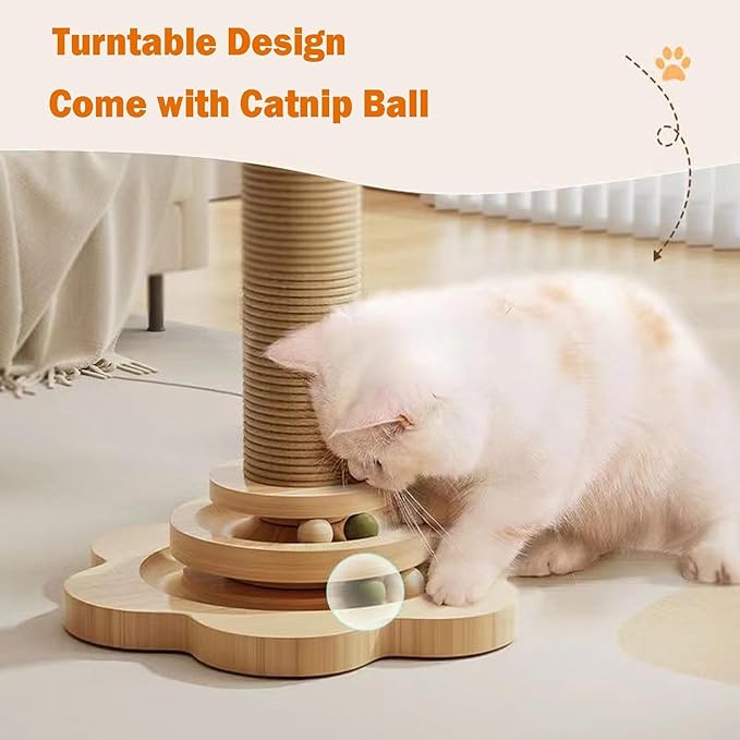 Cat Scratching Post, Interactive Feather Toy and 2 Sisal Hanging Balls for Indoor Kittens, Adult Cats- 18'' Height, 11'' Base, Natural Sisal Fiber & Sturdy Design.