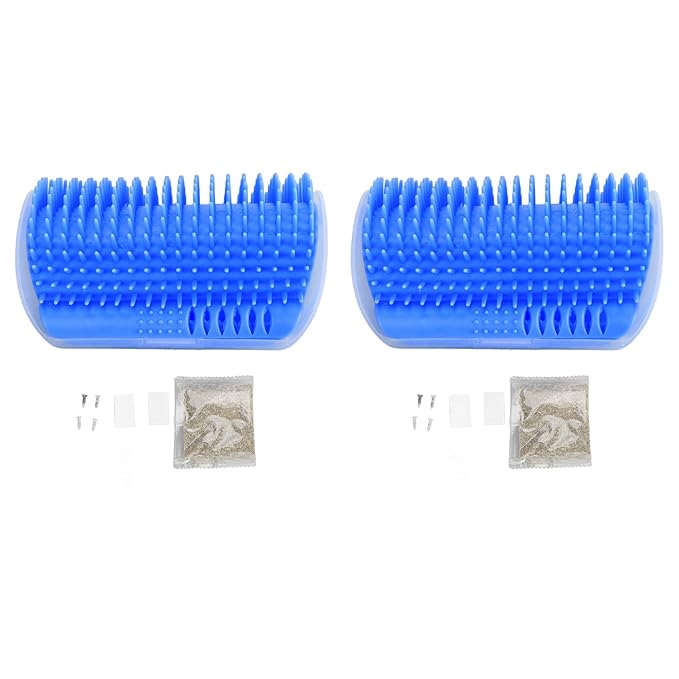 2PCS Self Grooming Cat Brush Interactive Toy Soft Cat Wall Corner Scratcher Massage Combs with Catnip (Blue)