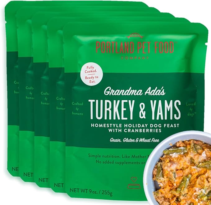 CRAFTED BY HUMANS LOVED BY DOGS Portland Pet Food Company Grandma Ada’s Turkey & Yams Wet Dog Food Pouches 5pk and Hopkin's Pork N’ Potato Wet Dog Food Pouches 5 pk Bundle
