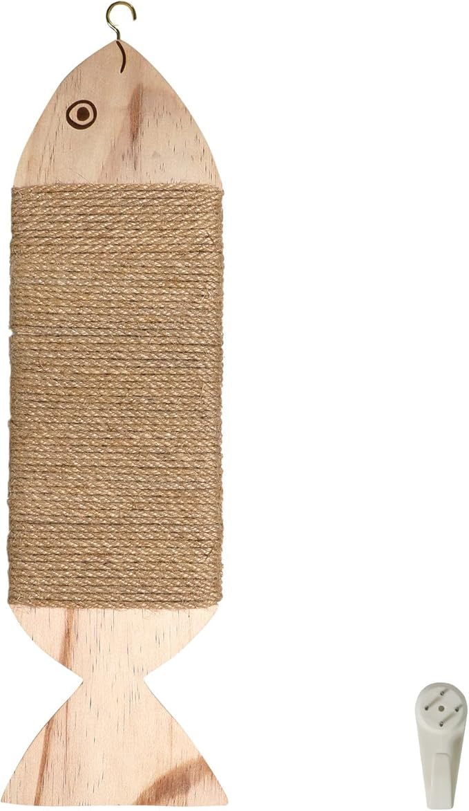 Wall-Mounted Cat Scratcher, Natural Jute Rope, Wooden Fish Shape, 16.54x4.72 Inch, Interactive Swaying Design, Indoor Cat Scratching Post
