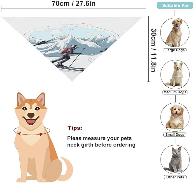 Dog Bandana Spring Pet Scarf Adjustable Triangle Skiing Theme Printing Dog Bib Washable Polyester Puppy Bandana for Small Medium Large Dogs Cat Birthday Party Supplies