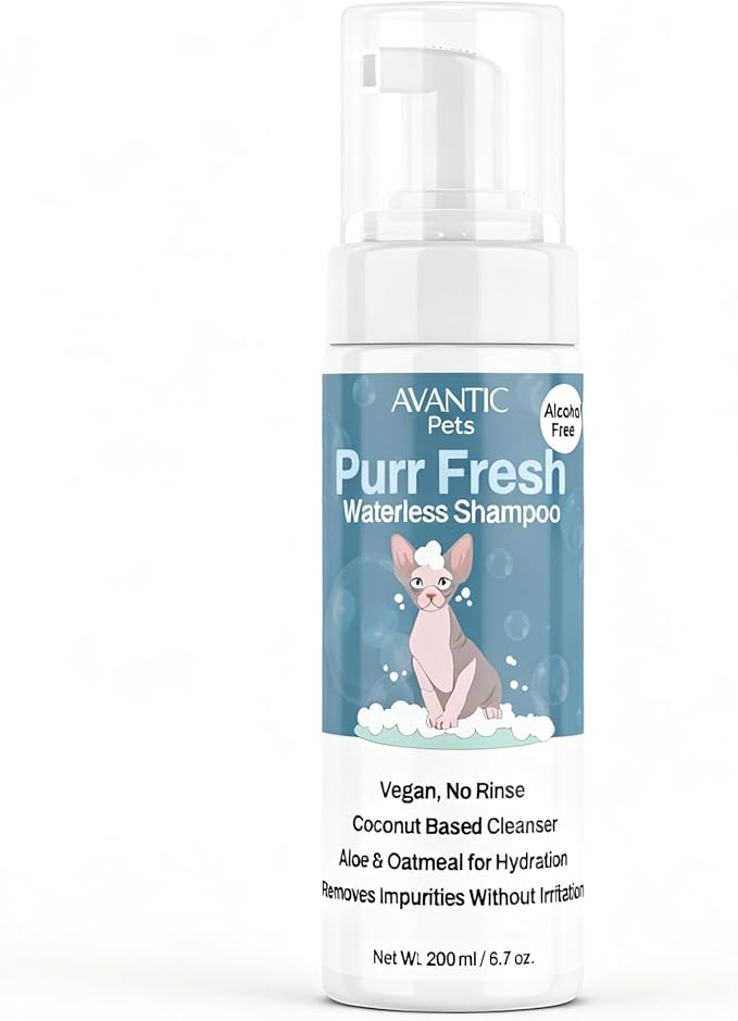 Avantic Pets Purr Fresh Dry Shampoo for Sphynx Cats, Alcohol-Free, No-Rinse Formula, Coconut-Based Cleanser, Hydrates & Soothes Sensitive Skin, 200ml