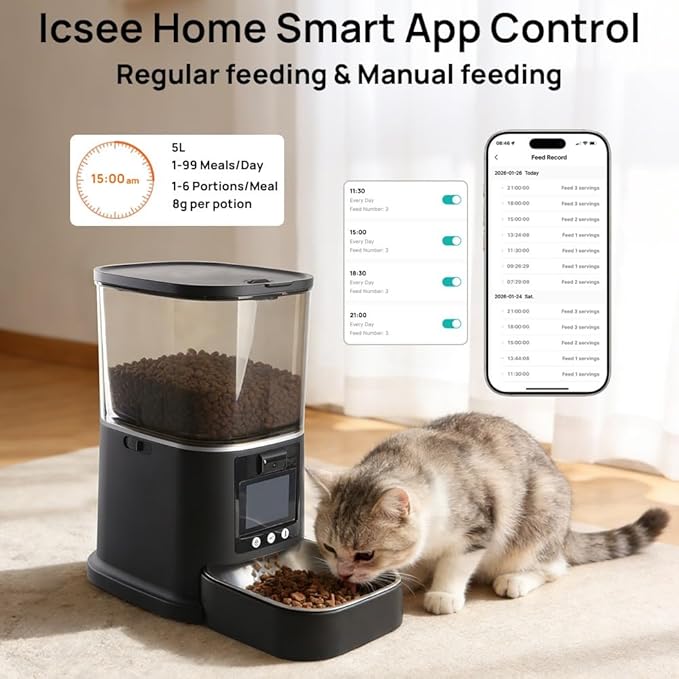 5L Automatic Cat Feeder with Camera, Two-Way Video 3MP HD & Audio, 5G WiFi Automatic Dog Feeder with Night Vision, Cat Food Dispenser with Dog Food Container for Multiple Pets