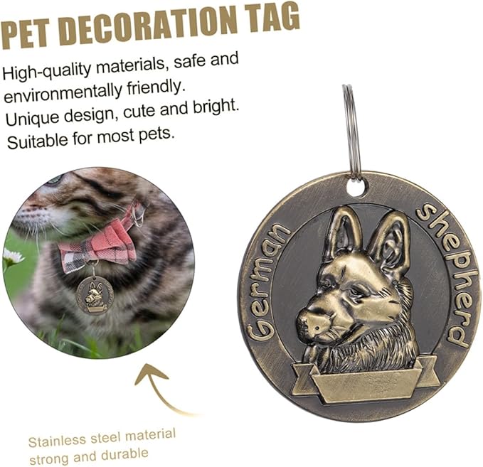 Toyvian 4pcs Vintage Alloy Dog Collar Id Tags Retro Pet Identity Tags for German Shepherd, Sturdy Metal Hanging Name Plates for Dog Supplies and Identification