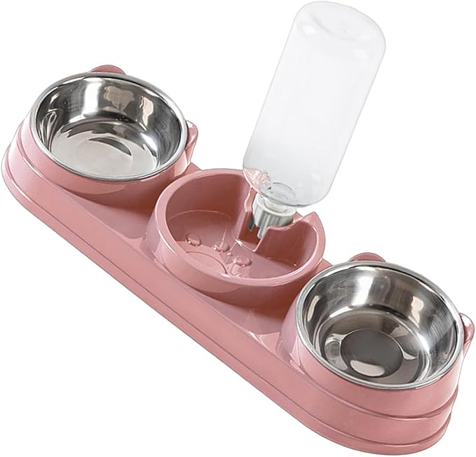 Elevated Double Bowl Pet Feeders with Automatic Water Dispenser Antislip Base for Dog Cats Daily Feeding Watering Supply - Pink - Steel Bowl