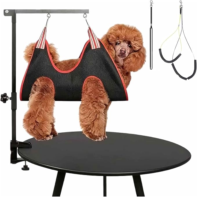 Adjustable Dog Grooming Table Arm, Dog Grooming Arm with Clamp with Two No Sit Haunch Holder & Hammock Harness, Foldable Pet Grooming Supplies,for Small Medium Dogs
