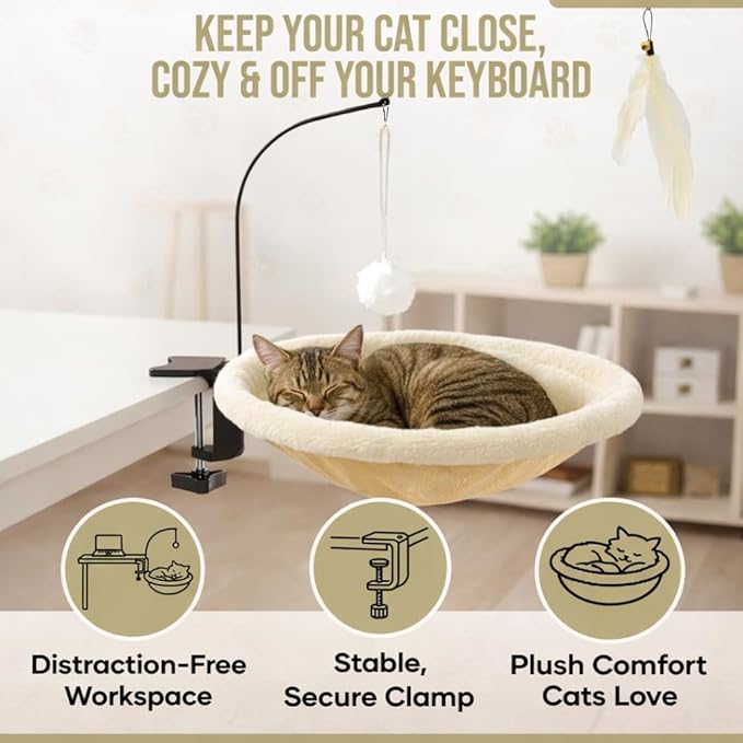 Cat Desk Bed for Home Office – Plush Clamp-On Cat Hammock with Hanging Feather and Ball Toy, Non-Slip Heavy-Duty Mount, Space-Saving Desk Mounted Cat Bed for Remote Workers Supports 40 lbs