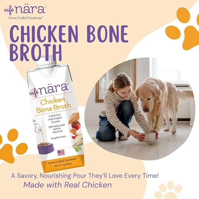 Café Nara Grain-Free Chicken Bone Broth Wet Food Topper for Dogs & Cats - 100% Natural, Healthy Hydration - 1.1 lbs (Pack of 12)