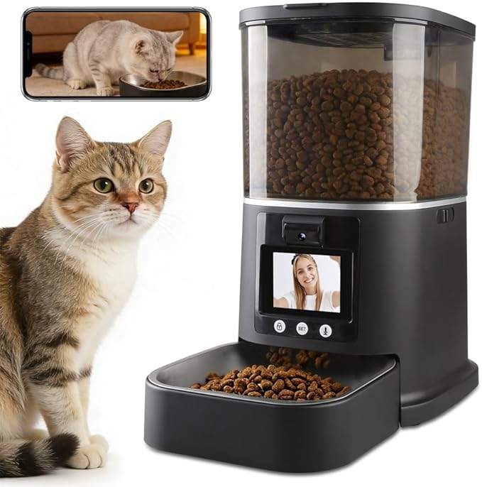 5L Automatic Cat Feeder with Camera, Two-Way Video 3MP HD & Audio, 5G WiFi Automatic Dog Feeder with Night Vision, Cat Food Dispenser with Dog Food Container for Multiple Pets