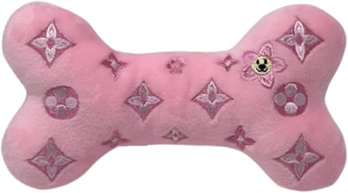 Dog Diggin Designs Chewy Vuiton Pink Blossom Plush Dog Toy Bone | Luxury-Inspired Parody Designer Bone with Squeaker, Soft Plush Chew & Play Dog Toy – Prêt-à-Porter Play!