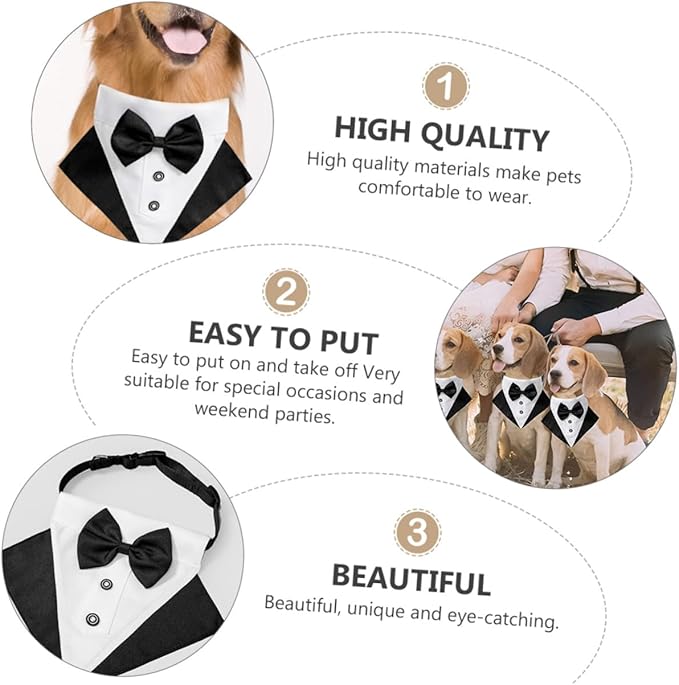 Pet Tuxedo Collar with Bow Tie, Dog Triangle Bandana Scarf, Black and White Formal Puppy Bib for Party and Holiday, Size L 60x2.0cm, Stylish Pet Supply for Dogs