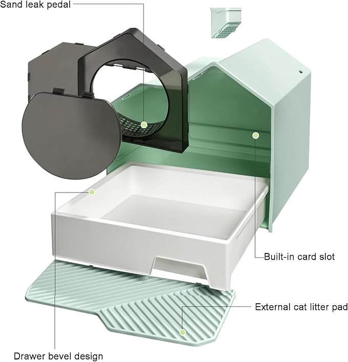 Cat Litter Tray Cats Litter Box with Front Entry/Exit XXL Extra Large Space Toilet Boxes with Drawer Type Cat Litter Tray and Pet Litter Shovel,Prevent Leakage (Color : Green)