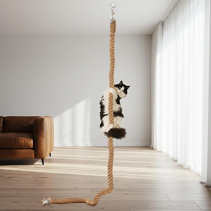 Weysat 1.97'' x 6.7 ft Cat Climbing Jute Rope with Hook Ceiling Wall Mounted Kitten Scratching Post Climbing Rope Toy for Indoor Outdoor Cats