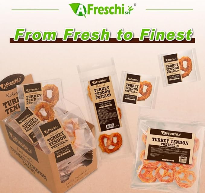 A Freschi srl Turkey Tendons for Dogs, USA-Sourced, Healthy Dog Treats, Rawhide-Free Puppy Chews, Long Lasting, All Natural, Hypoallergenic Dog Treats for Medium Breeds, 2 Count Pack Pretzel (M)