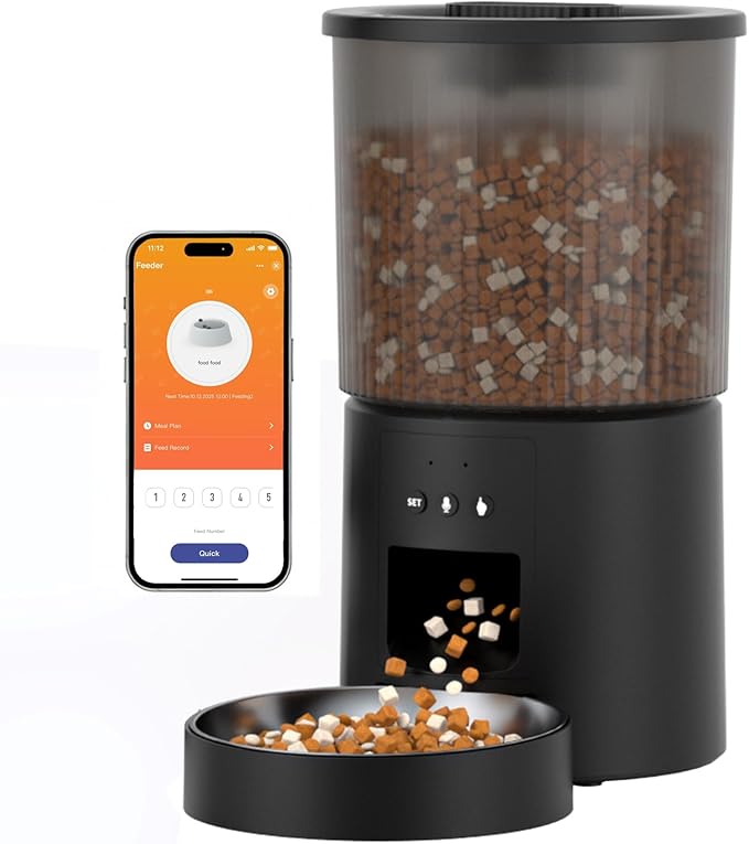 Automatic Cat Feeder, 2.4GHz WiFi Automatic Dog Food Dispenser, Fresh Protection, 4L Timer Feeder, Personalized Recording 10 Seconds, Easy to Clean, Stainless Steel Bowl (Single/Black)