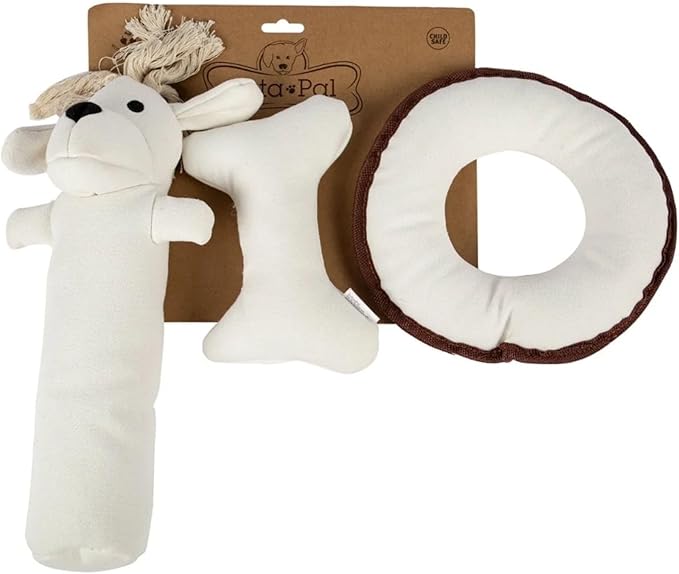 3-Pack Durable Cotton Canvas Squeaky Dog Toys – Eco-Friendly Interactive Chew Toy Set for Small to Large Dogs – Harry The Hound, T-Bone & Donut Disk