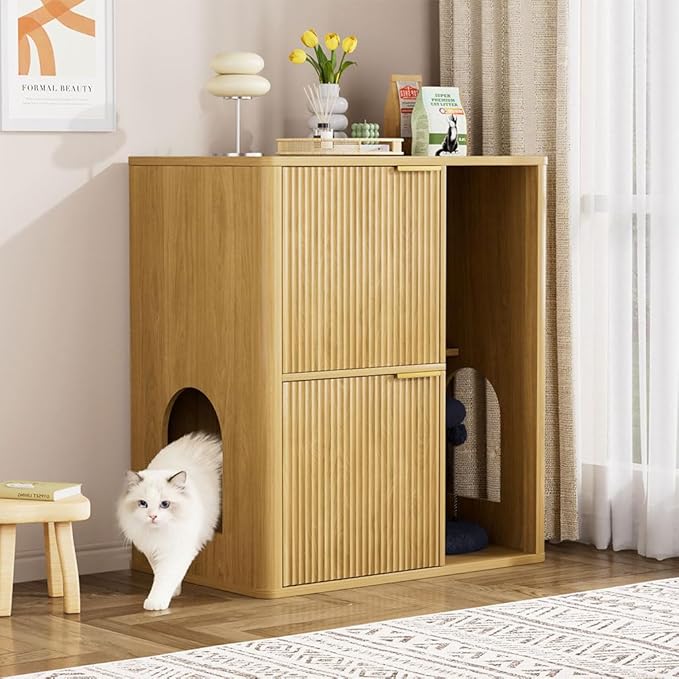Cat Litter Box Enclosure Furniture, 2 Storey Hidden Litter Box Cabinet with Scratching Post & Storage Shelf, Fluted Modern Litter Box Enclosure for Living Room, Bedroom,Natural