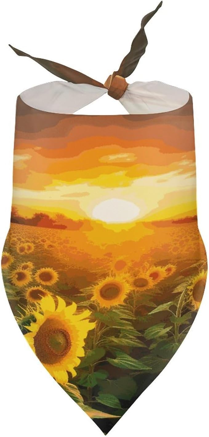Dog Bandana Spring Pet Scarf Adjustable Triangle Sunflower Field Sunset Printing Dog Bib Washable Polyester Puppy Bandana for Small Medium Large Dogs Cat Birthday Party Supplies