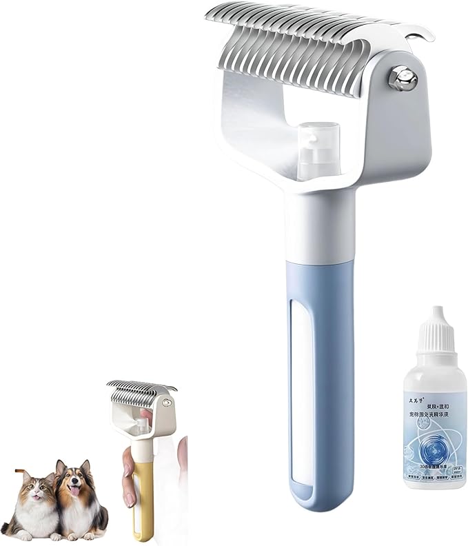 Pet Spray Comb, Newly Upgrade Hair Removal Tool, Gentle Rounded-Tip Cat Dog Grooming Spray Brush with Mist for Long/Short Hair Cats and Dogs(Blue)