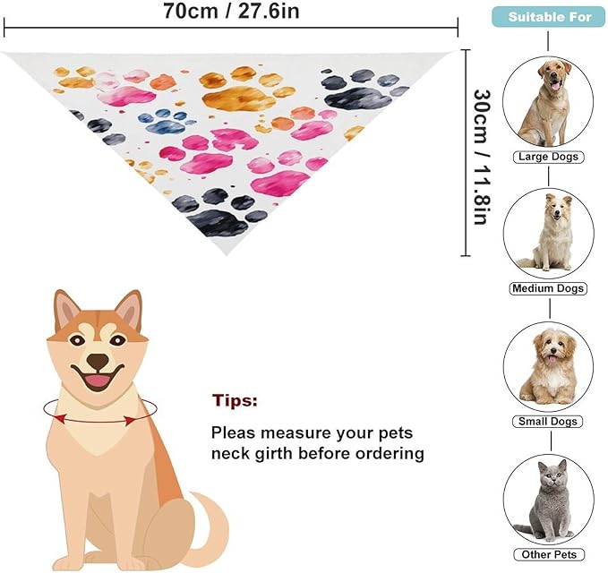 Dog Bandana Spring Pet Scarf Adjustable Triangle Colorful Dog Paws Printing Dog Bib Washable Polyester Puppy Bandana for Small Medium Large Dogs Cat Birthday Party Supplies