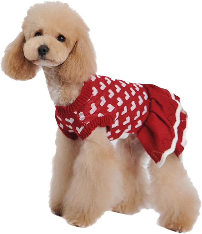 Lovely Heart Pattern Designs Dog Sweater Dress for Valentines Day Small Pet Winter Knitwear Birthday Gift Supply Knitdress