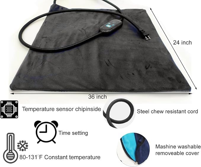 Large Pet Heating Pad for Cats & Dogs, 24x36 Inch, 6 Heat Levels,Auto Shut Off Timer, Waterproof, Removable Washable Cover, Chew-Proof Cord, Digital Display