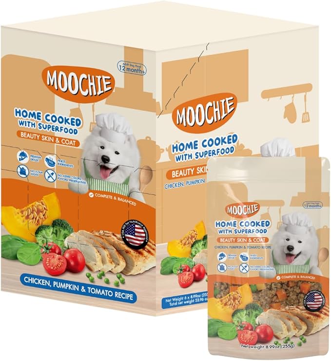 MOOCHIE Home Cooked Superfood Wet Dog Food - Beauty Skin & Coat - Chicken, Pumpkin & Tomato - No Artificial Flavors or Preservative - 6 x 9 oz Pouch
