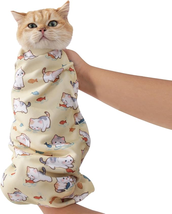 25.6" Cat Grooming Wrap,cat wrap for Cutting Nails,Self-Adhesive cat Swaddle wrap cat Restraint cat wrap Blanket for Medicine, Nail Clipping, Teeth Brushing,Yellow Kitten(Within 10lbs)