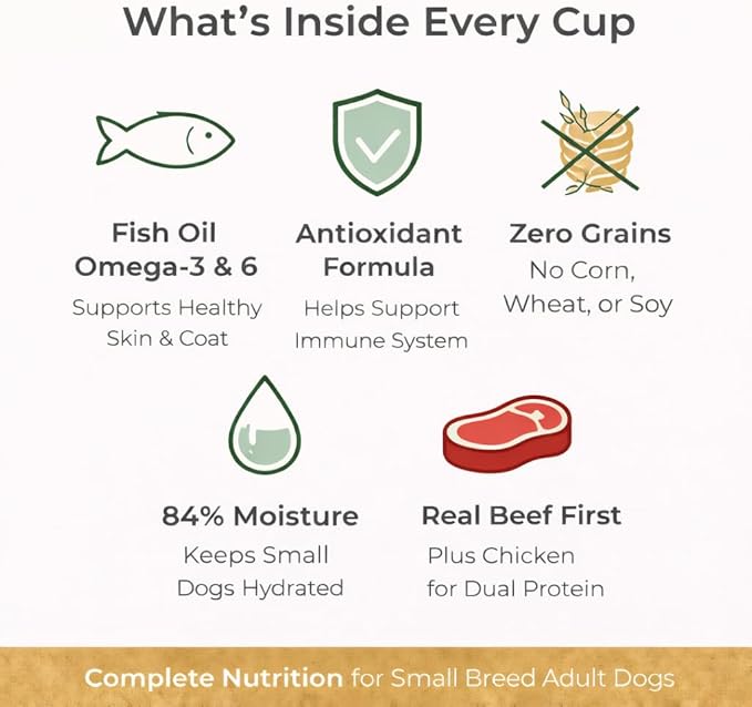 Grain Free Small Breed Beef & Chicken Dinner Adult Wet Dog Food - Fish Oil Omega 3 Fatty Acids - High Protein No Corn Wheat Soy - Real Vegetables Carrots Peas - Healthy Skin Coat - 3.5 oz Cup