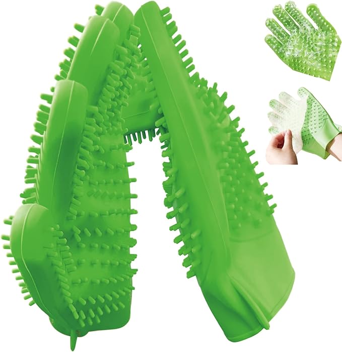 YOFANG Double-Side Pet Grooming Gloves, 4-in-1 Bathing Massage Hair Remover Brush, Anti-Slip Bite-Proof for Cat,Food Grade Silicone Deshedding Glove for Dogs Cats Horses Rabbits,Green-9" L (1 Pair)
