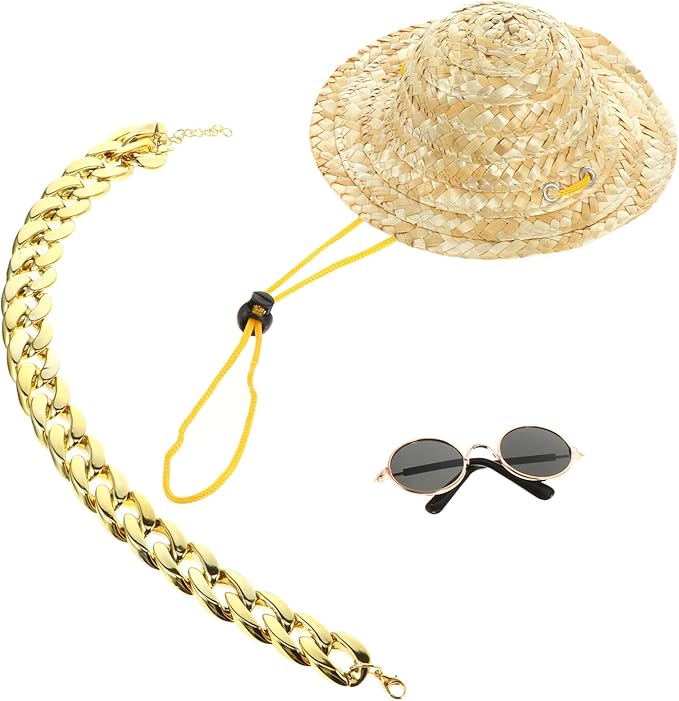 Homoyoyo Pet Dog Accessories Set – Straw Sun Hat with Sunglasses and Necklace, UV Protection Dog Supply for Outdoor Use, Puppy Summer Pet Apparel