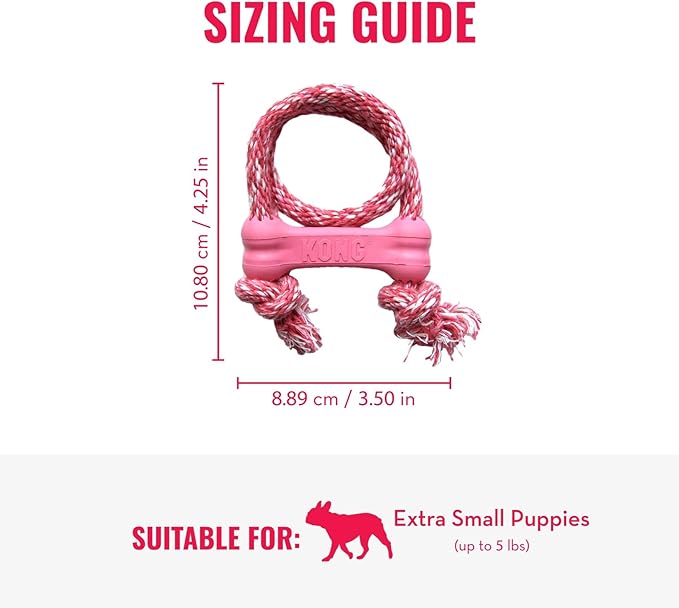 KONG Puppy Goodie Bone with Rope - Natural Rubber Bone with Cotton Rope - Teeth Cleaning Chew Toy for Growing Puppies - for XS Puppies - Pink