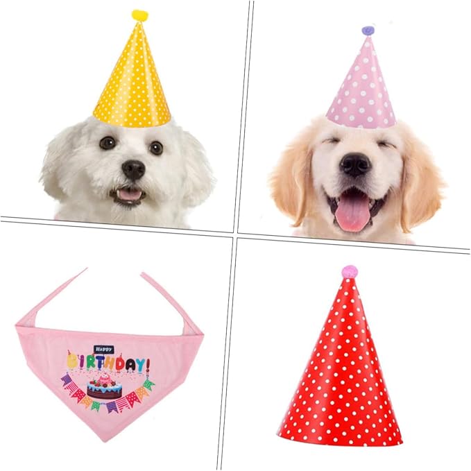 FRCOLOR Dog Birthday Hat and Bib Set, 9 Party Hats with 1 Saliva-Absorbent Bandana, Pet Birthday Decoration Supplies for Small to Medium Dogs Random Color