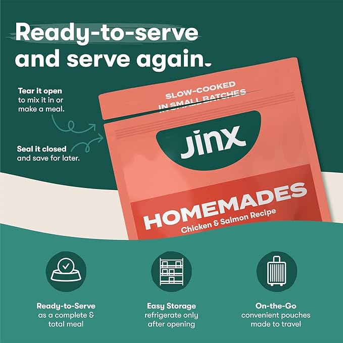 Jinx Dog Food Bundle - 11.5lb Salmon Dry Dog Food & 8-Pack Homemades Salmon & Chicken Wet Food Pouches (3-oz)