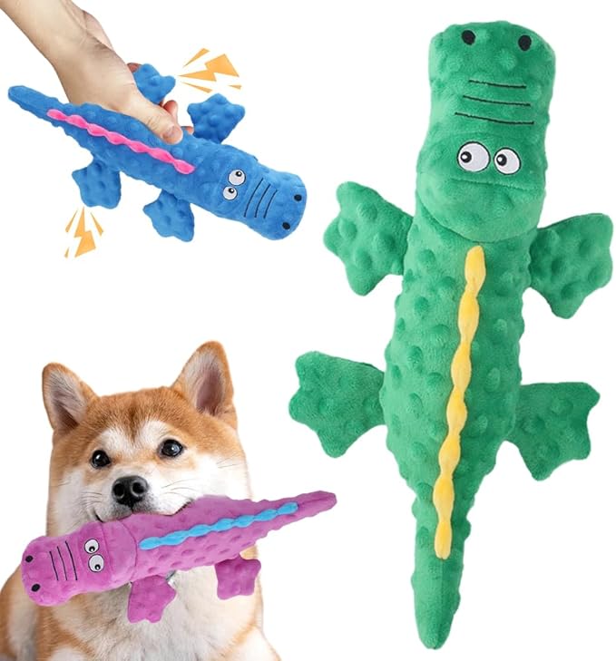 Indestructible Plush Dog Toy for Aggressive Chewers, Boredom Relief Squeaker Chew Toy with Double Fabric, Durable Crocodile Teething Toy for Large Medium Small Dogs (Purple)