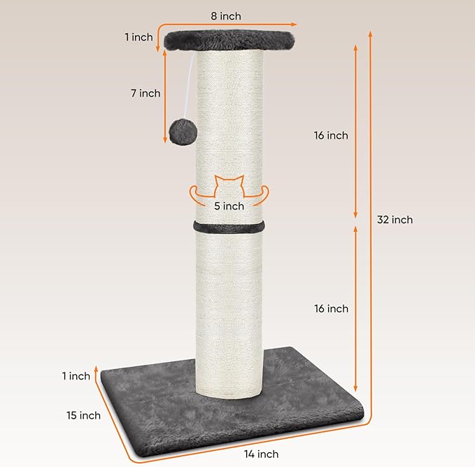 PAWSCRAT Cat Scratching Post 32" Tall, Large Diameter Natural Sisal Cat Scratch Post with Dangling Ball, Scratch-Resistant and Durable Tall Cat Scratcher for Indoor Cats, Protect Your Furniture, Grey