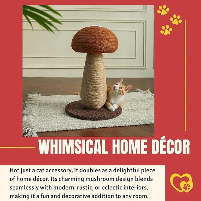 Shiitake Mushroom Cat Scratching Post, Mushroom Cat Scratcher for Indoor Cats, 100% Sisal Scratch Pole with Pompom Toy, Cute Durable Furniture