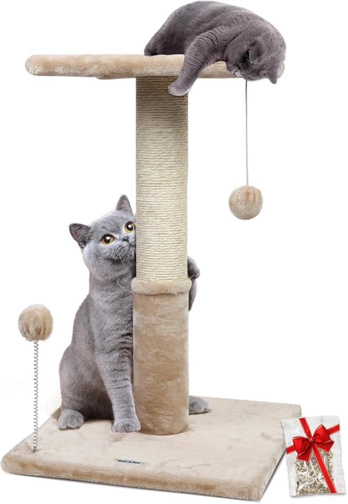 Happi N Pets 26" Cat Scratching Post with Platform, Sisal Cat Tree Tower for Indoor Cats, Featuring with Hanging Balls & Cozy Cat Perch, Stable Cat Scratch Posts for Kittens-Beige