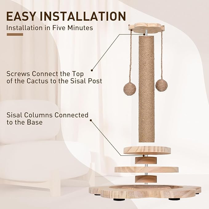 Cat Scratching Post, Interactive Feather Toy and 2 Sisal Hanging Balls for Indoor Kittens, Adult Cats- 18'' Height, 11'' Base, Natural Sisal Fiber & Sturdy Design.