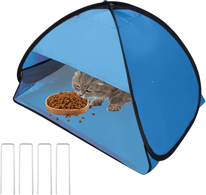 Outdoor Cat Feeding Station, 31.5 x 19.7 x 21.7 Inch Large Outdoor Pet House with Ground Nails for Fixing, Foldable Stray Cat Shelter for Feral/Community Cats, Small Dogs and Rabbits (Blue)