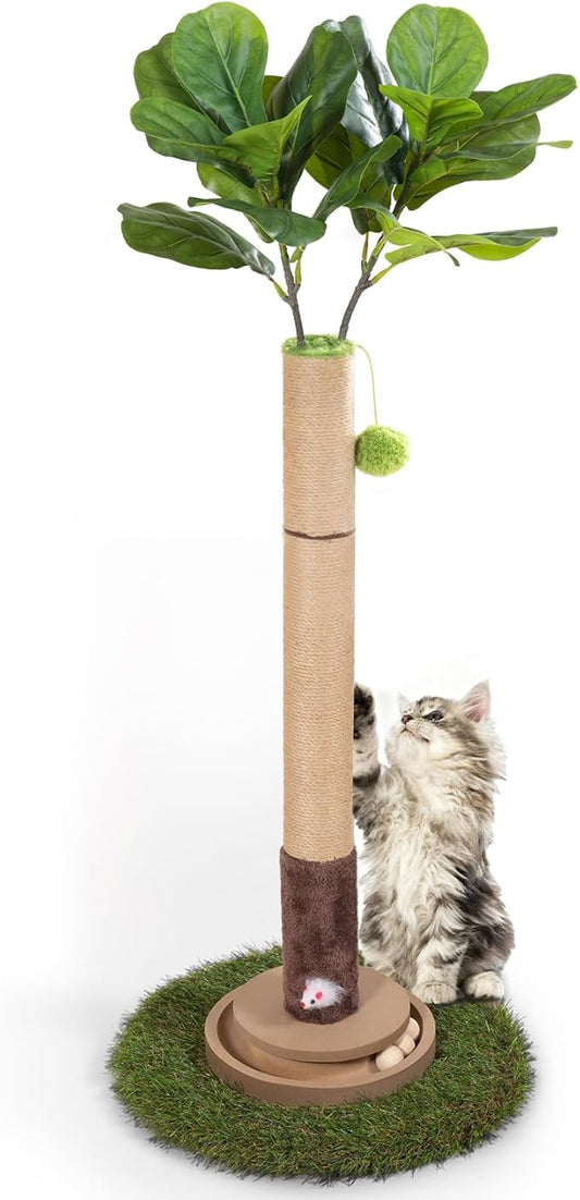 Cat Scratching Post, 35 Inch Tall Cat Scratcher Cat Tree Tower with Hanging Ball for Indoor Cats Adults,Fiddle Leaf Sisal Rope Kitten Scratch with Interactive Mouse Cat Toy